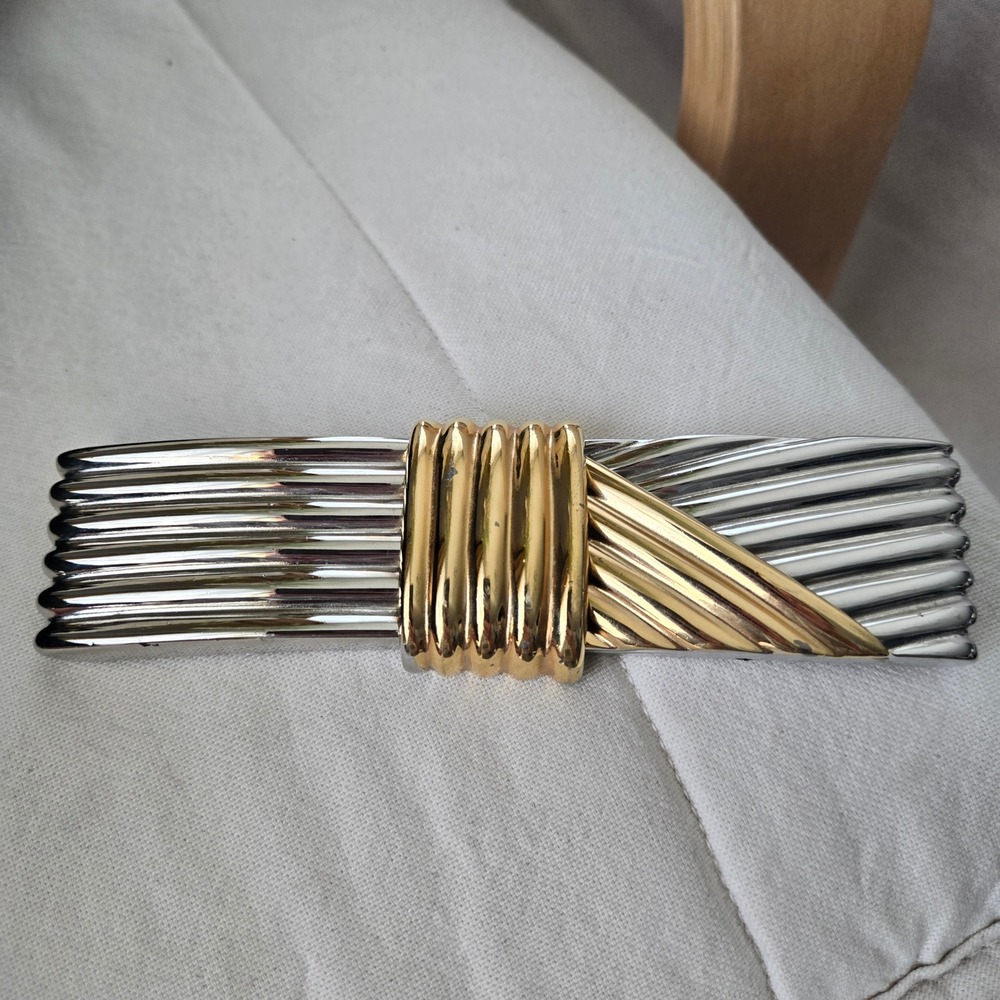 Alexis Kirk Vintage Two Tone Ribbed Knot Belt Buckle Silver Gold Statement 80s